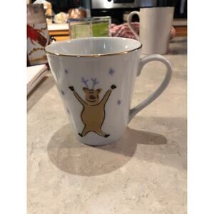 Merry Brite Christmas Mug Happy Reindeer 8oz white with Gold trim